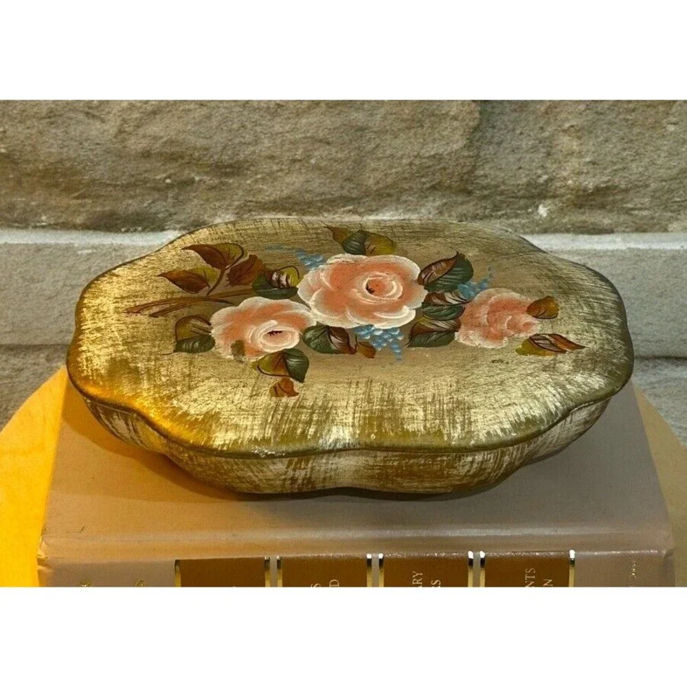 Vtg Vee Jackson Ceramic Lidded Trinket Box Rose Hand Painted California Cottage